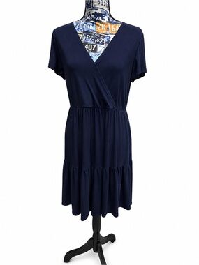Tiana B. Navy Wrap Tiered Midi Dress